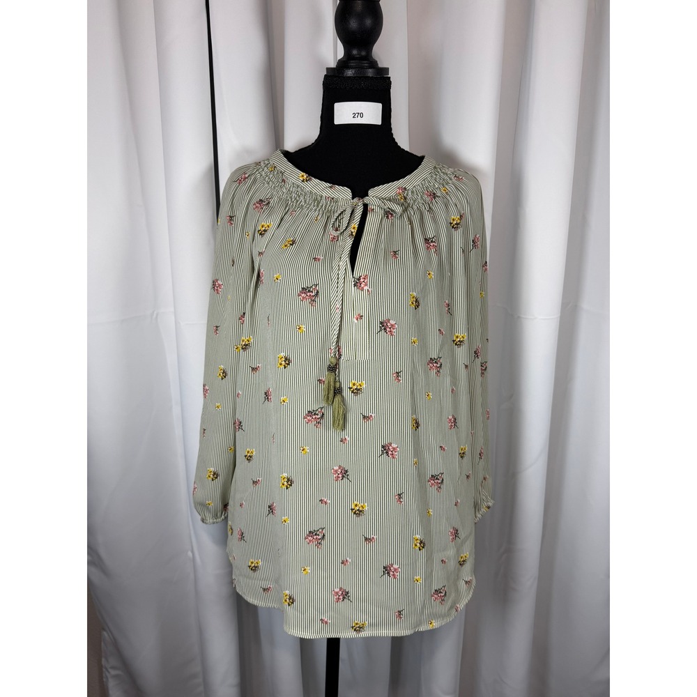 Daniel Rainn Green Striped Floral Smocked Tassel Blouse D14708PR1 Medium